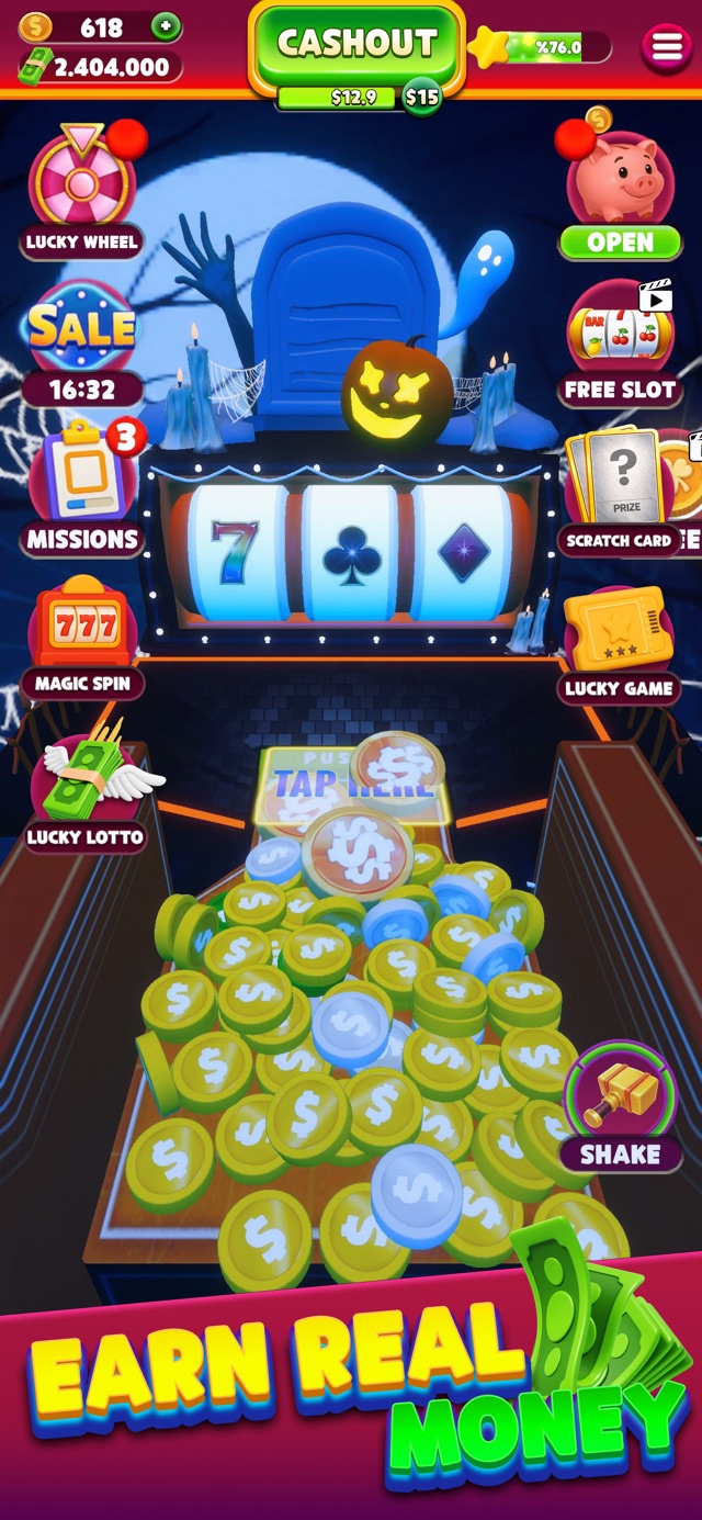 Push Party gameplay — drop coins into the pusher and cash out real rewards